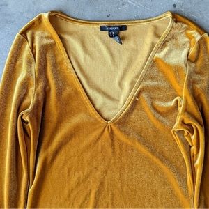 Forever 21 Yellow Gold Velvet V-Neck Long Sleeve Mini Dress medium